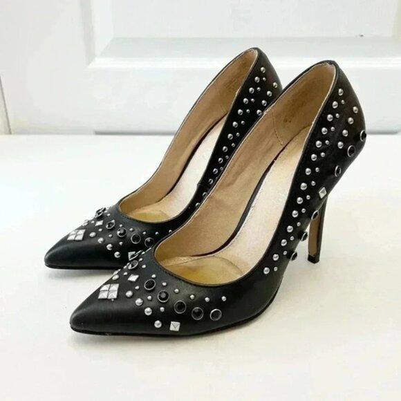 Aldo Black Leather Pumps Pointed Toe High Heel Rhinestone Studded Stilettos 7.5 - Picture 5 of 16